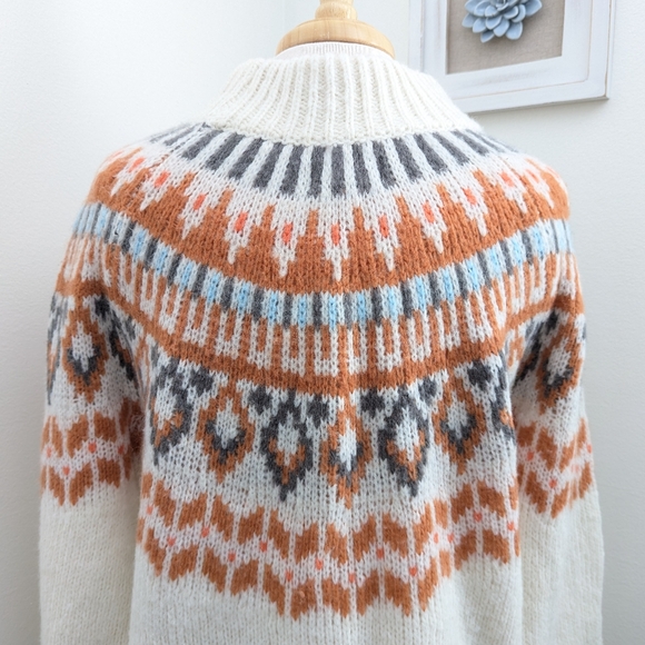 Aerie Fair Isle Mock Neck Oversized Chunky Knit Sweater Cream Rust Small - Picture 8 of 10